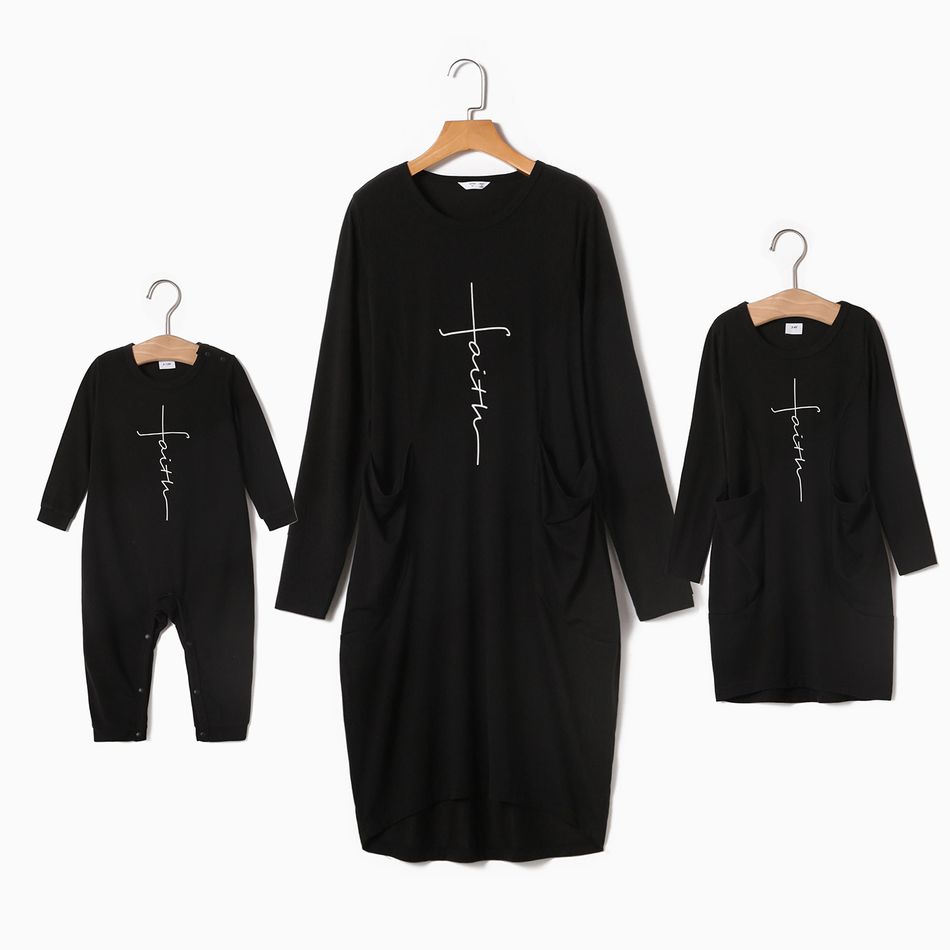 Long-sleeve Round Neck Black Dresses for Mom and Me Black