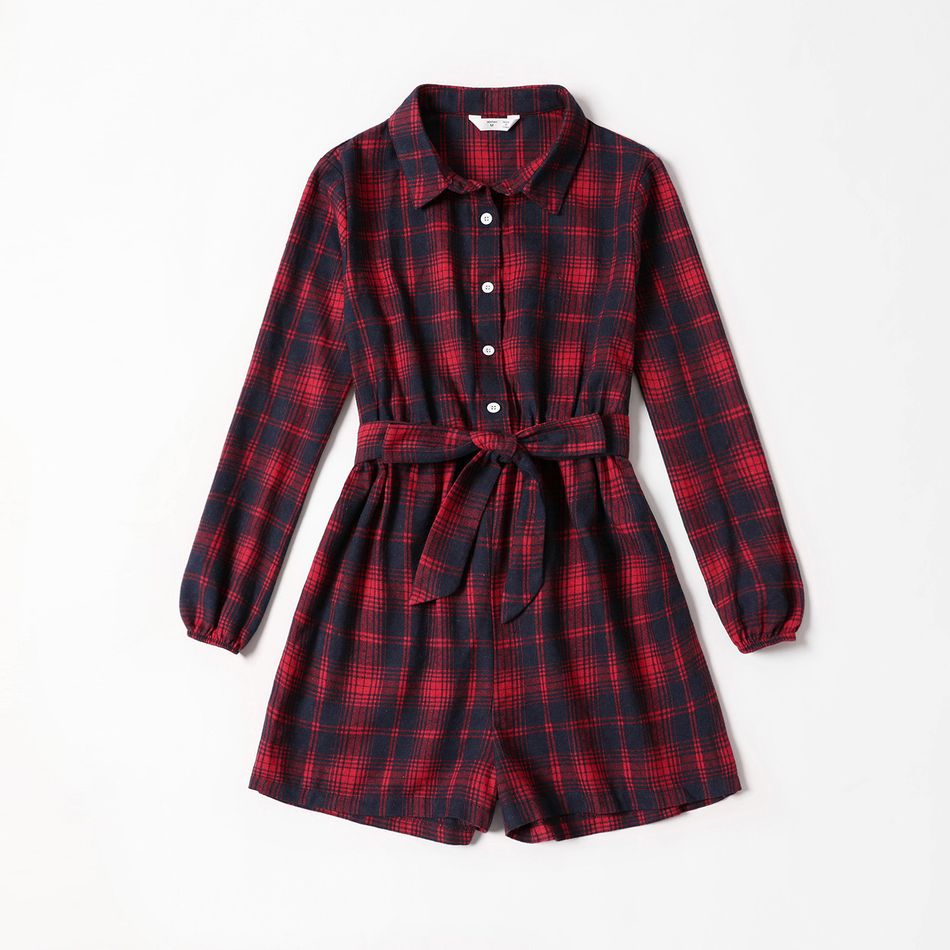 Long-sleeve Plaid Lapel Collar Romper Shorts for Mom and Me Red big image 2