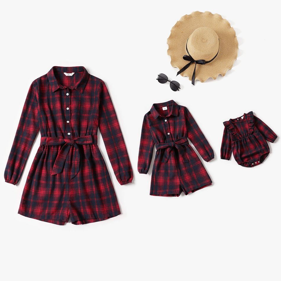 Long-sleeve Plaid Lapel Collar Romper Shorts for Mom and Me Red big image 1