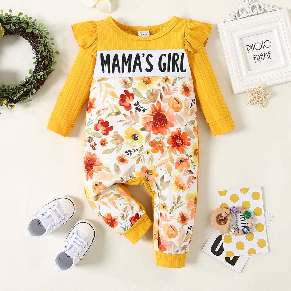 Baby Girl Letter Print Yellow Ribbed Splicing Floral Print Jumpsuit Ginger