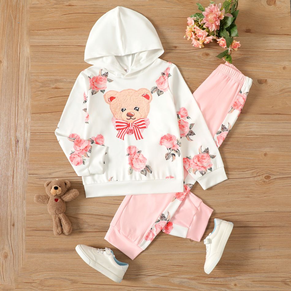 2-piece Kid Girl Floral Bear Print Hoodie Sweatshirt and Colorblock Pants Set White