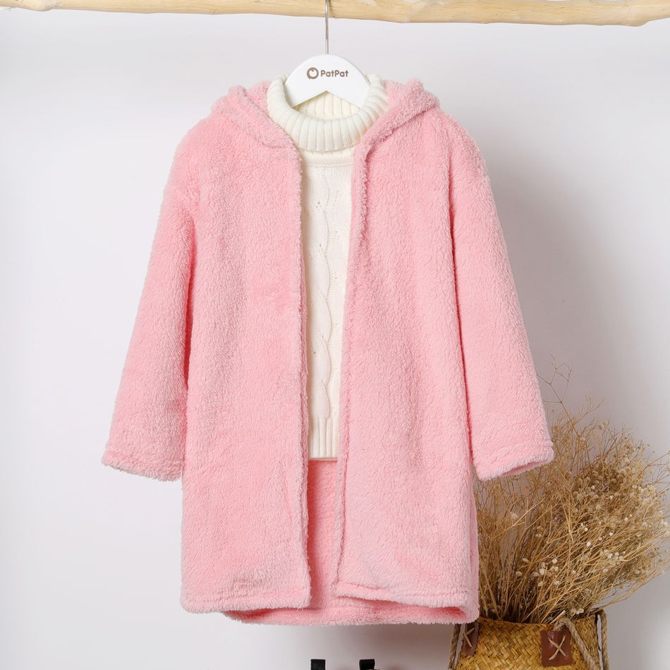 Kid Boy/Kid Girl Solid Color Hooded Fuzzy Coat Jacket Pink big image 2