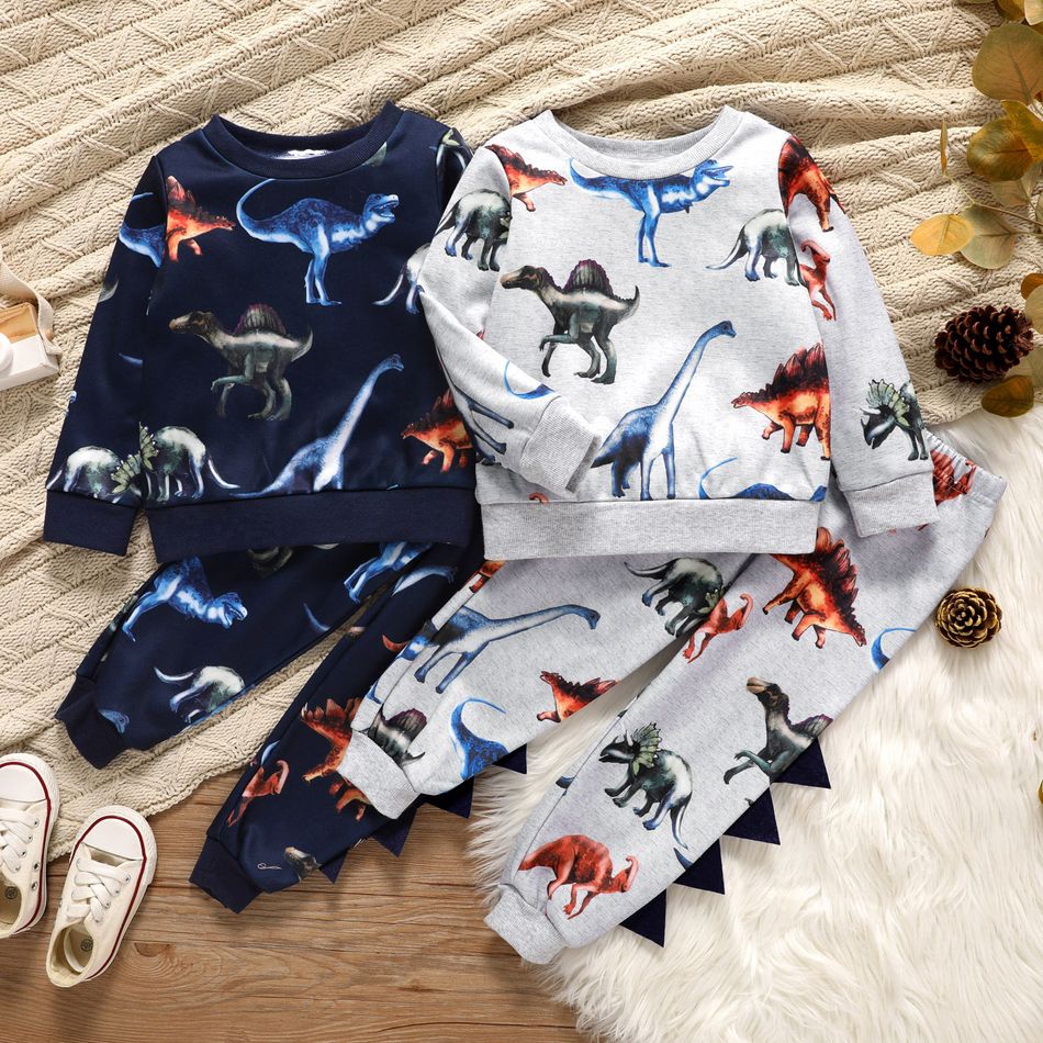 2-piece Toddler Boy Animal Dinosaur Print Pullover Sweatshirt and Pants Casual Set Light Grey big image 2