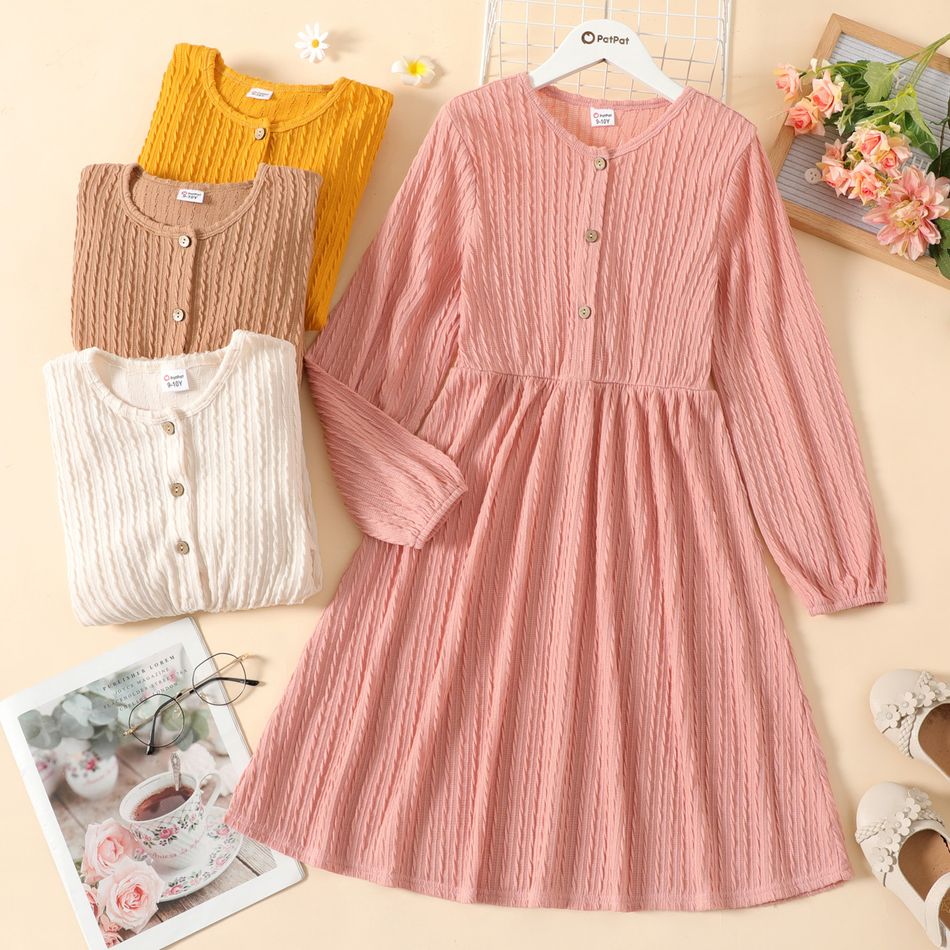 Kid Girl Cable Knit Textured Button Design Long-sleeve Dress Khaki big image 2