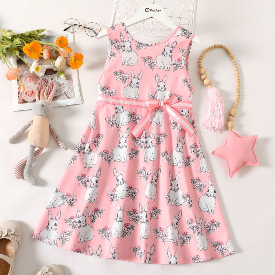 Easter Kid Girl Floral Rabbit Print Backless  Bowknot Design Sleeveless Dress Pink