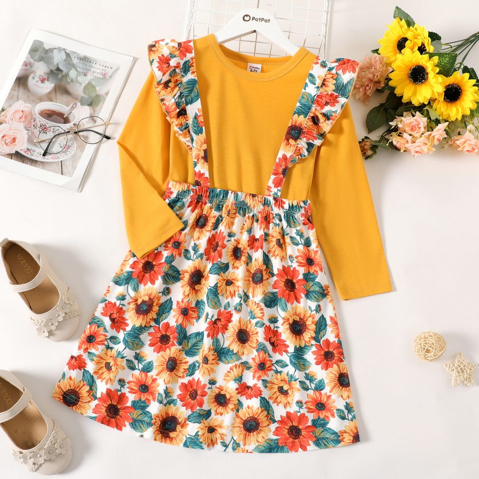 2-piece Kid Girl Long-sleeve Yellow Tee and Ruffled Floral Print Overall Dress Set Multi-color