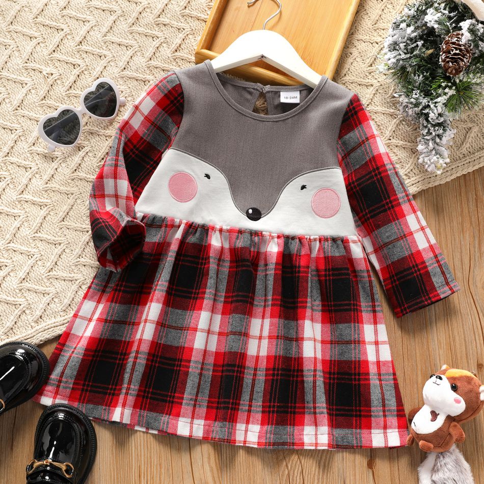 Toddler Girl Animal Pattern Plaid Long-sleeve Dress Red