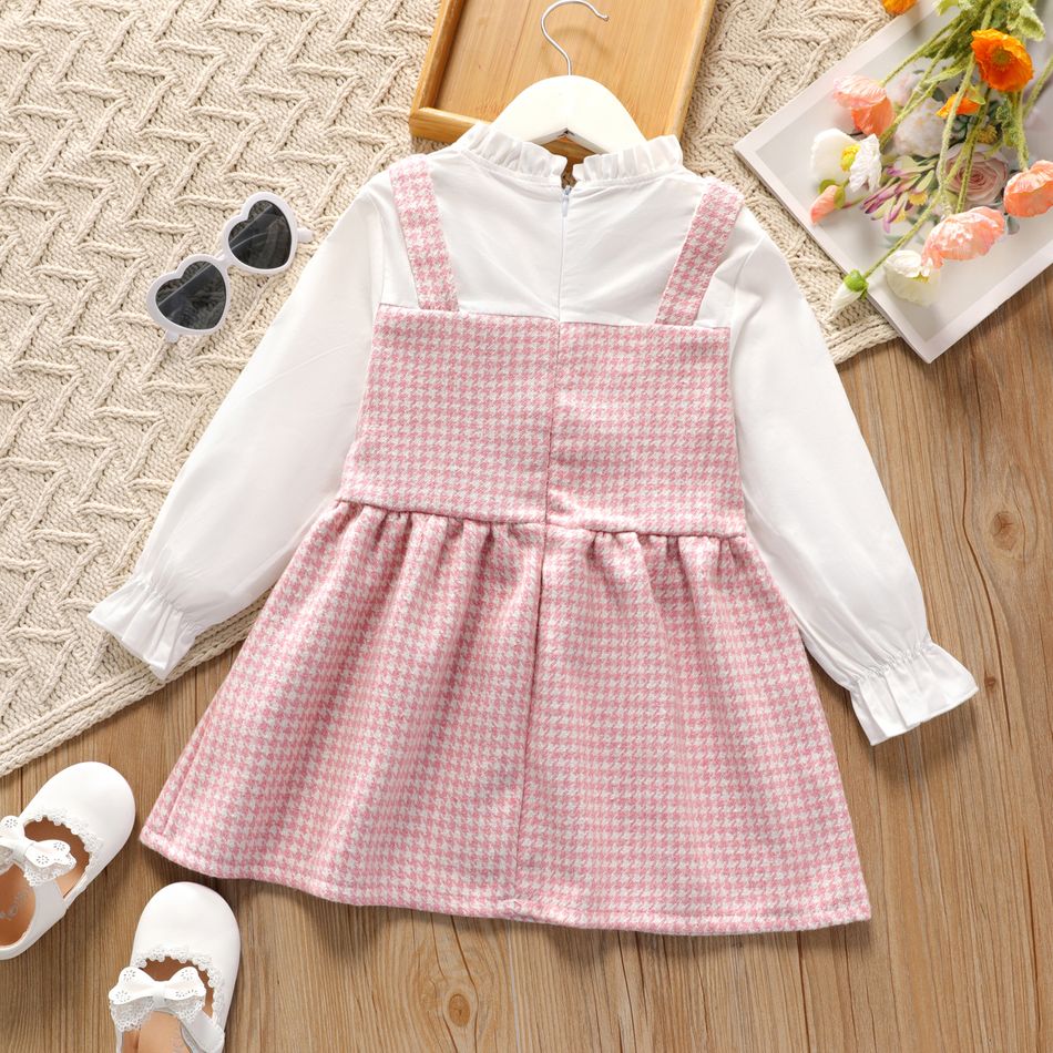 Toddler Girl Faux-two Ruffle Collar Pink Houndstooth Long-sleeve Dress Light Pink big image 2