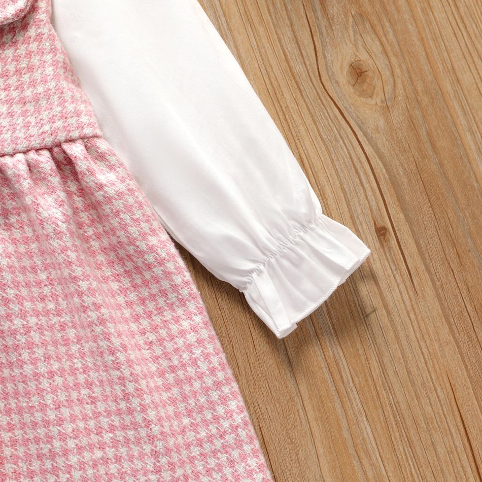 Toddler Girl Faux-two Ruffle Collar Pink Houndstooth Long-sleeve Dress Light Pink big image 4