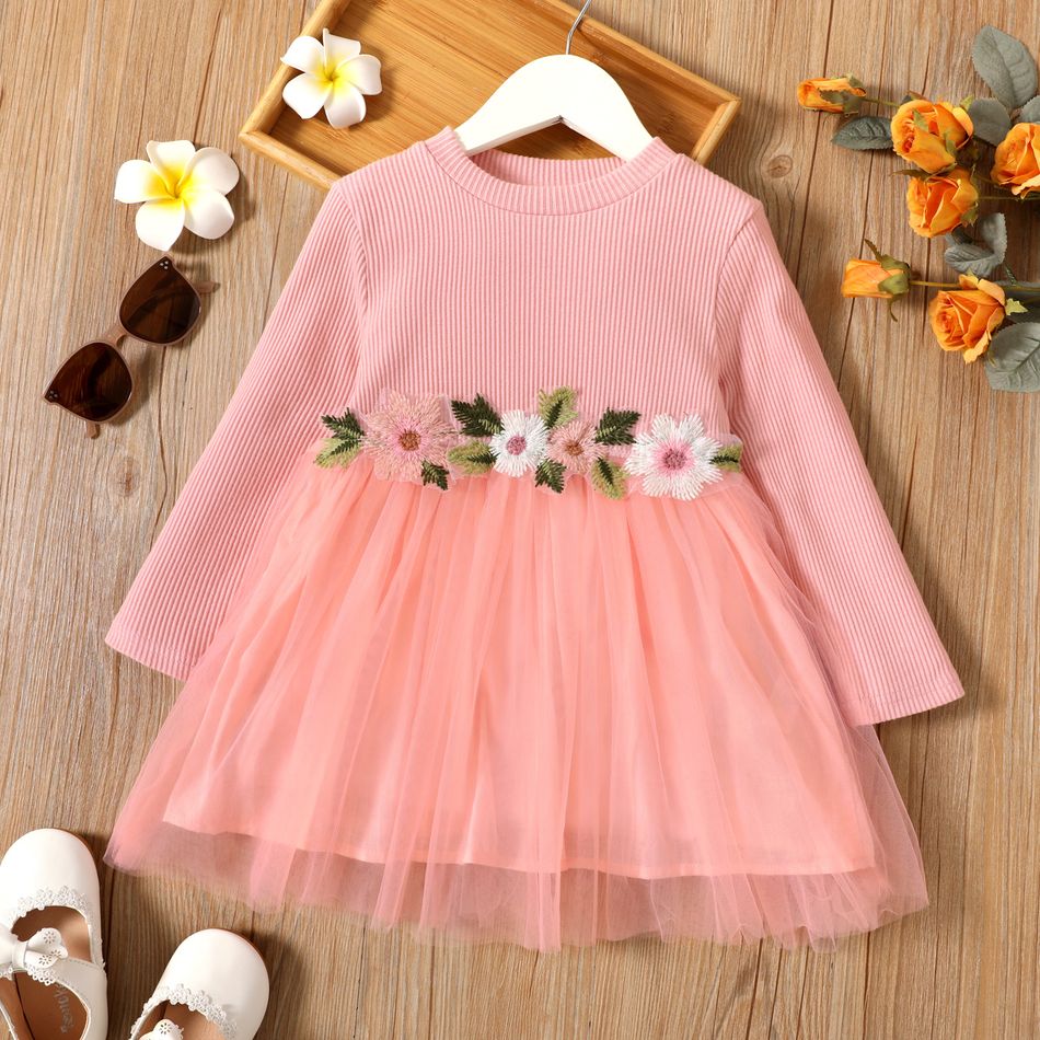 Baby/Toddler Girl Floral Embroidered Ribbed Mesh Splice Long-sleeve Dress Pink