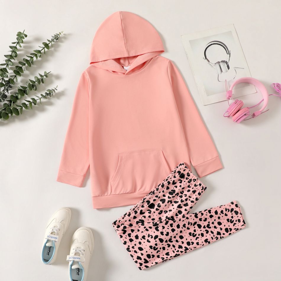 2-piece Kid Girl Pink Hoodie Sweatshirt and Leopard Print Leggings Set Light Pink