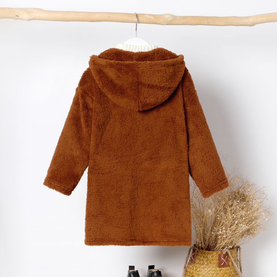 2pcs Kid Girl Ribbed Tee and Bowknot Button Design Skirt Set/ Heart Print Mock Neck Tee/ Hooded Fleece Coat Brown big image 2