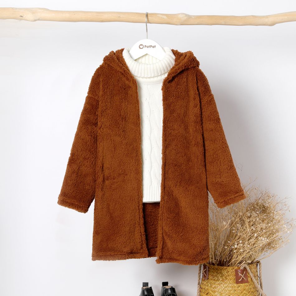 2pcs Kid Girl Ribbed Tee and Bowknot Button Design Skirt Set/ Heart Print Mock Neck Tee/ Hooded Fleece Coat Brown