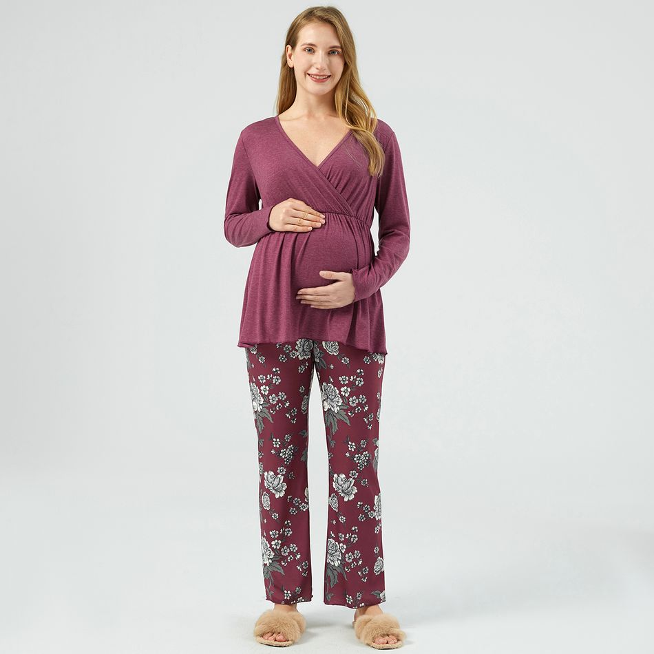 Maternity Floral Print Long-sleeve Pajama Loungewear Burgundy