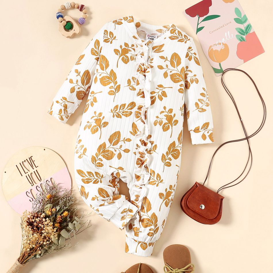 Baby Girl All Over Print Ruffle Zip Long-sleeve Ribbed Jumpsuit White
