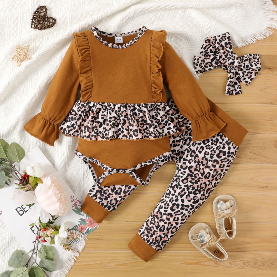 100% Cotton 3pcs Baby Girl Leopard Splicing Black Long-sleeve Ruffle Romper and Pants Set Brown