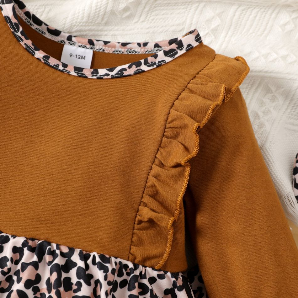 100% Cotton 3pcs Baby Girl Leopard Splicing Black Long-sleeve Ruffle Romper and Pants Set Brown big image 2