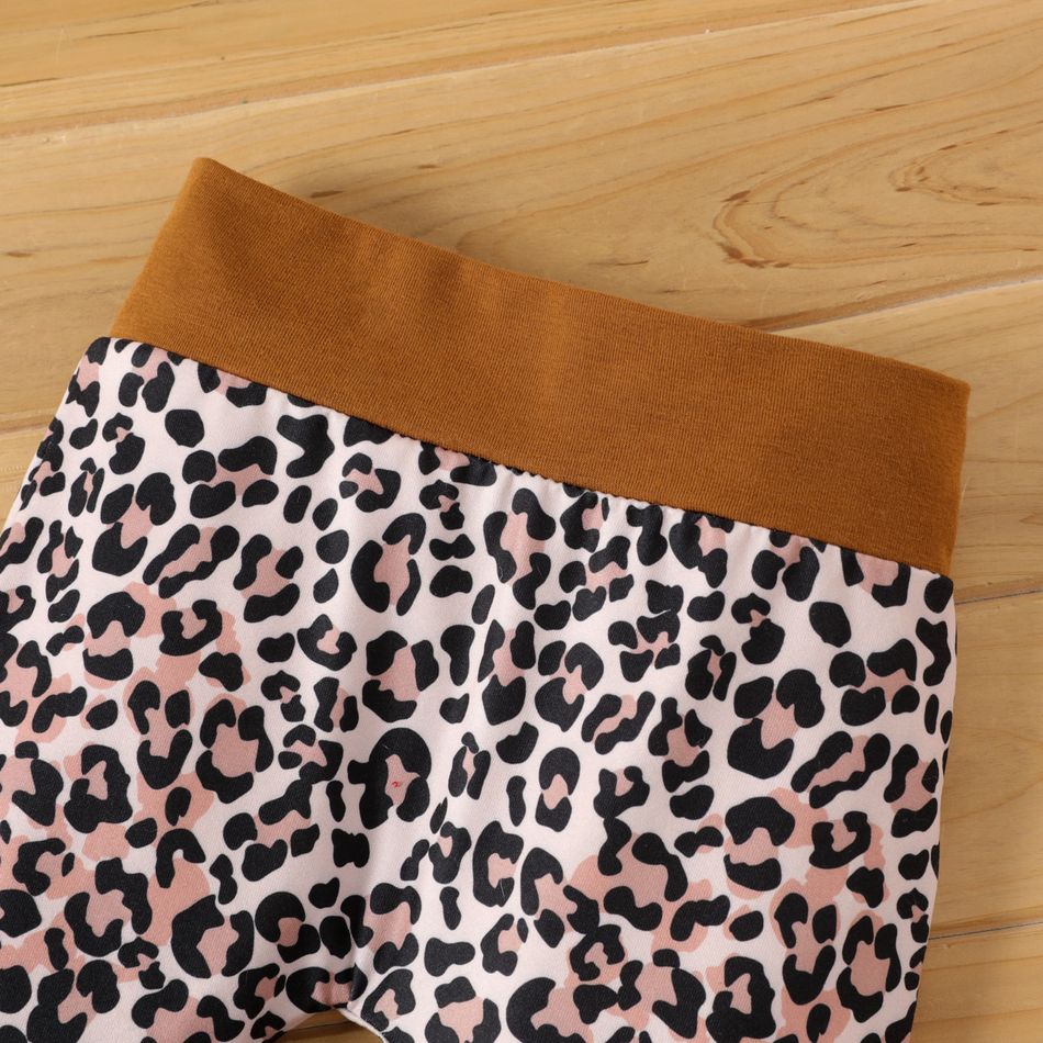 100% Cotton 3pcs Baby Girl Leopard Splicing Black Long-sleeve Ruffle Romper and Pants Set Brown big image 5