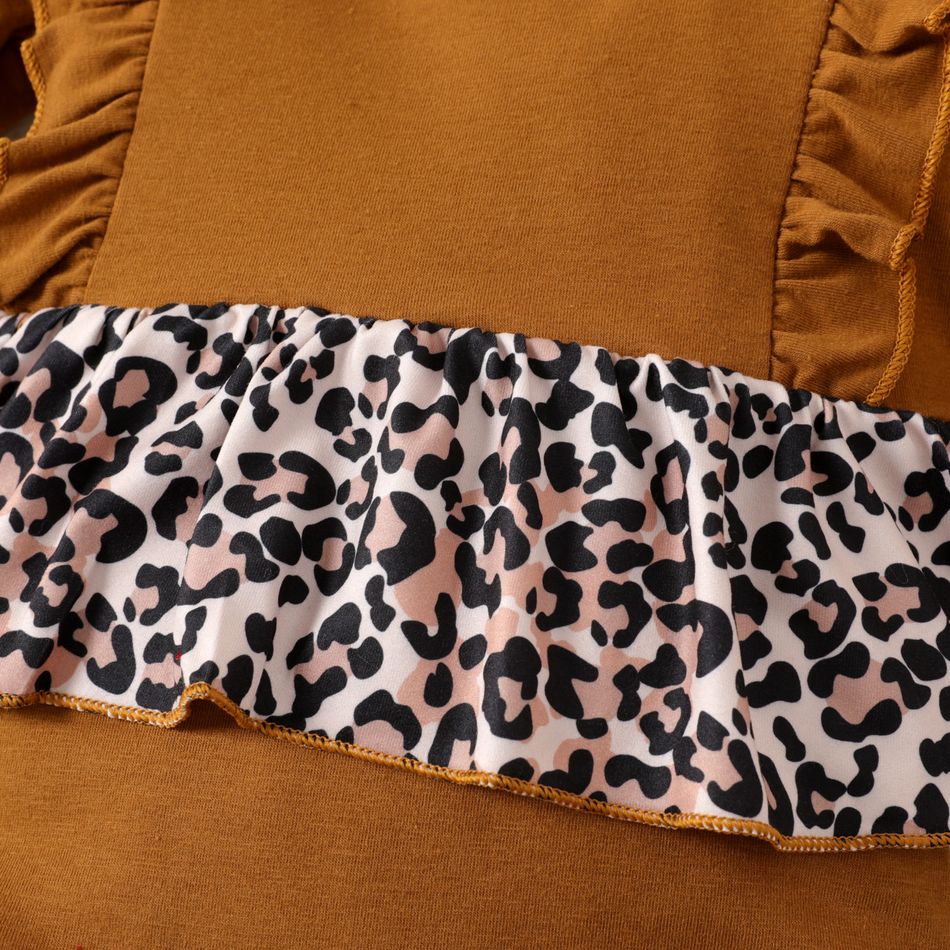 100% Cotton 3pcs Baby Girl Leopard Splicing Black Long-sleeve Ruffle Romper and Pants Set Brown big image 3