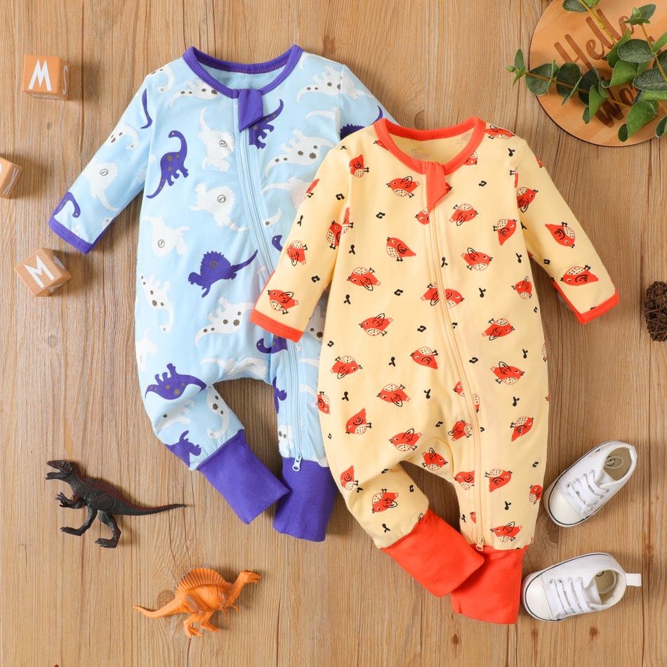 Dinosaur or Bird Allover Splice Long-sleeve Blue or Orange Baby Jumpsuit RedOrange