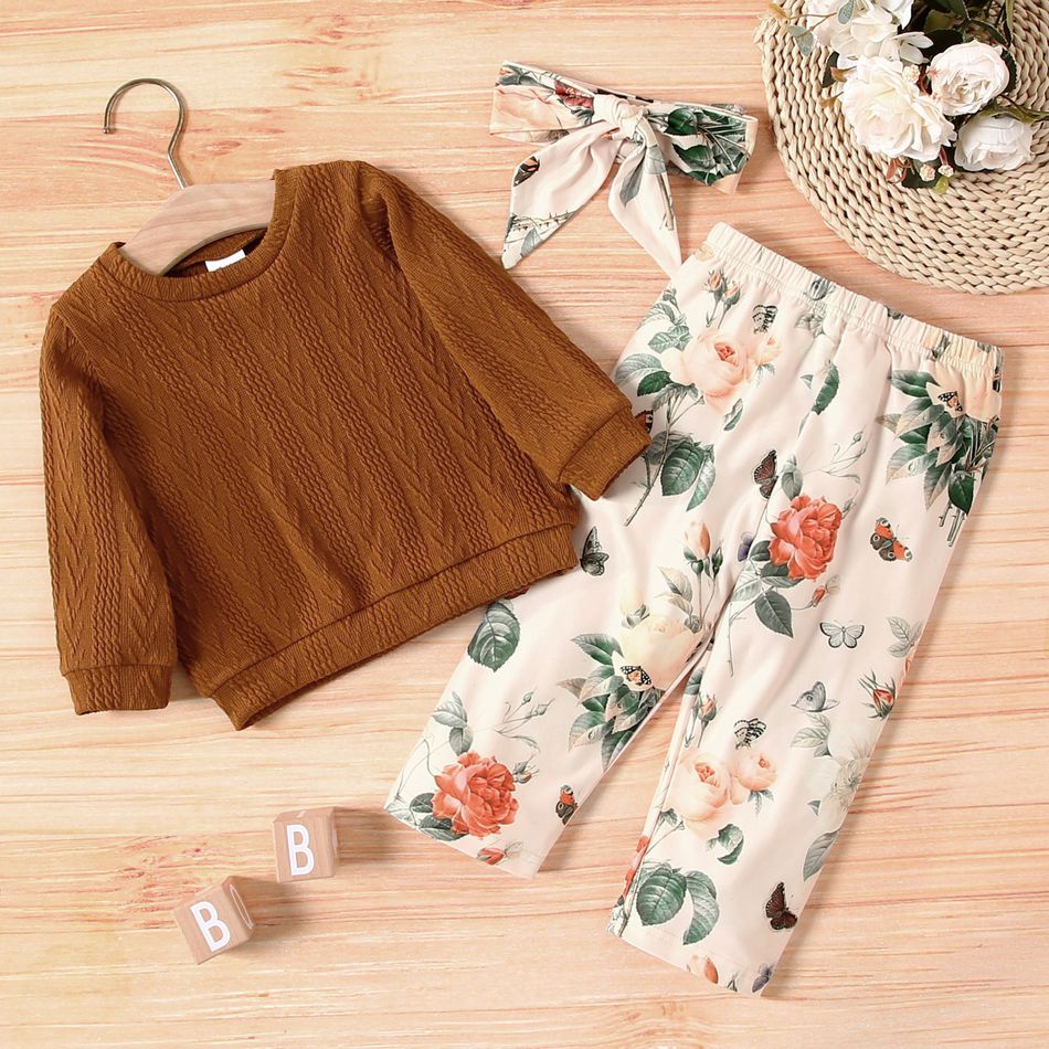 3pcs Baby Girl Solid Long-sleeve Cable Knit Pullover and All Over Floral Print Trousers Set Coffee