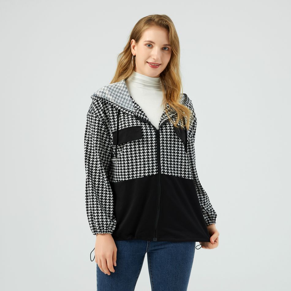 معطف مقنع برباط على شكل houndstooth أسود big image 1