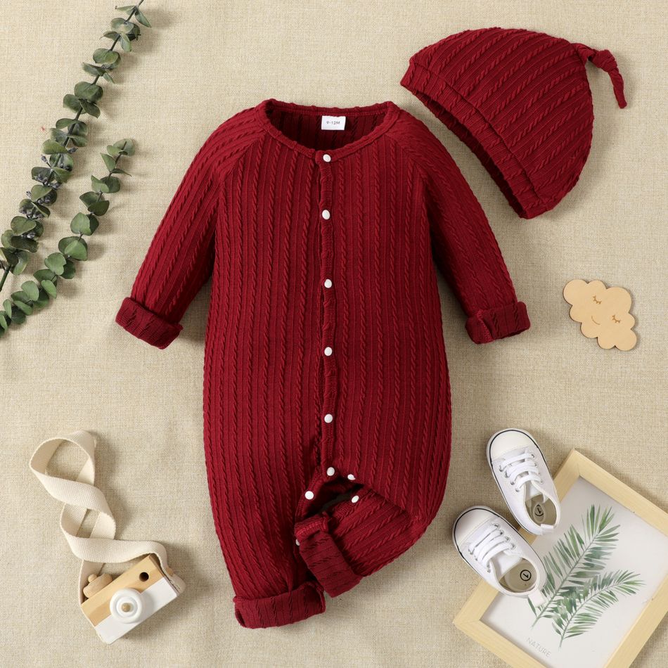 2pcs Baby Boy/Girl Solid Long-sleeve Jumpsuit One-piece Coverall Set MAROON