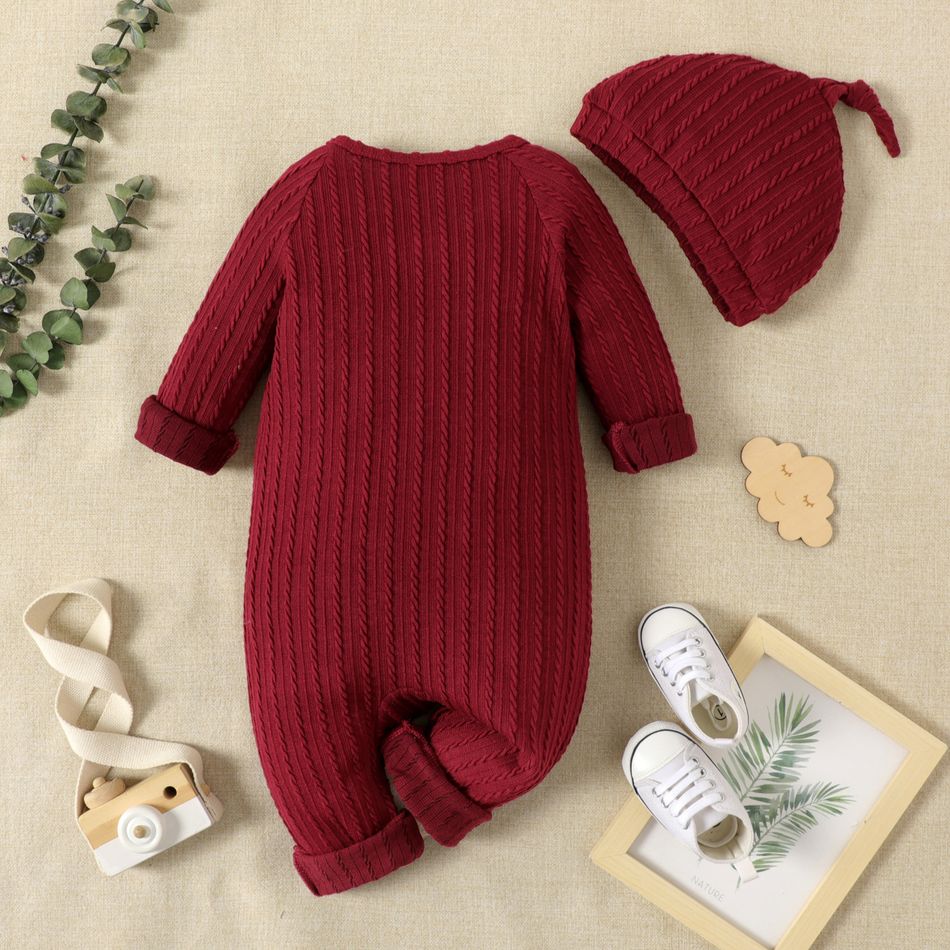 2pcs Baby Boy/Girl Solid Long-sleeve Jumpsuit One-piece Coverall Set MAROON big image 2