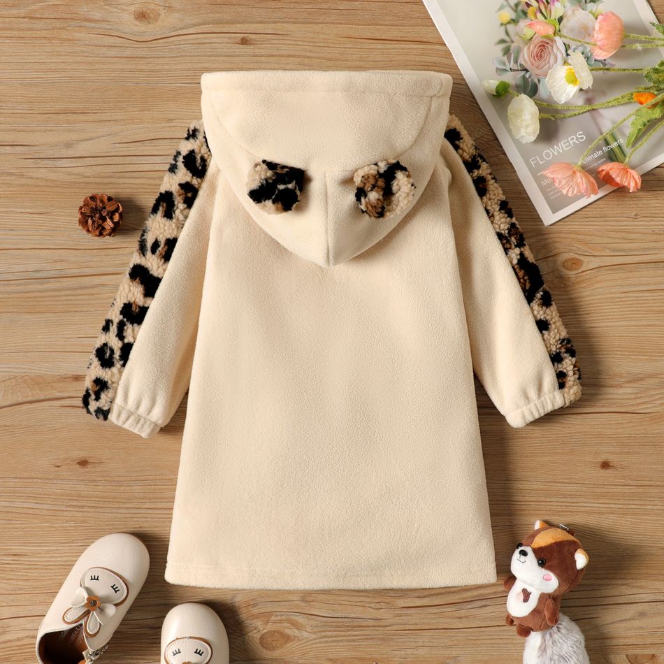 Toddler Girl Letter Embroidered Leopard Print Fuzzy Fleece Hooded Sweatshirt Dress Beige big image 2