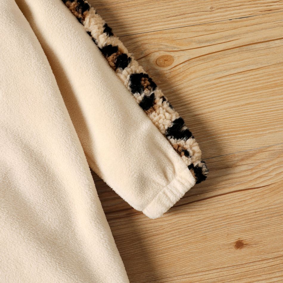 Toddler Girl Letter Embroidered Leopard Print Fuzzy Fleece Hooded Sweatshirt Dress Beige