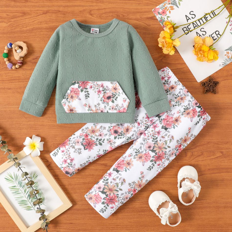 2pcs Baby Girl Light Green Textured Long-sleeve Pullover and Floral Print Trousers Set Light Green