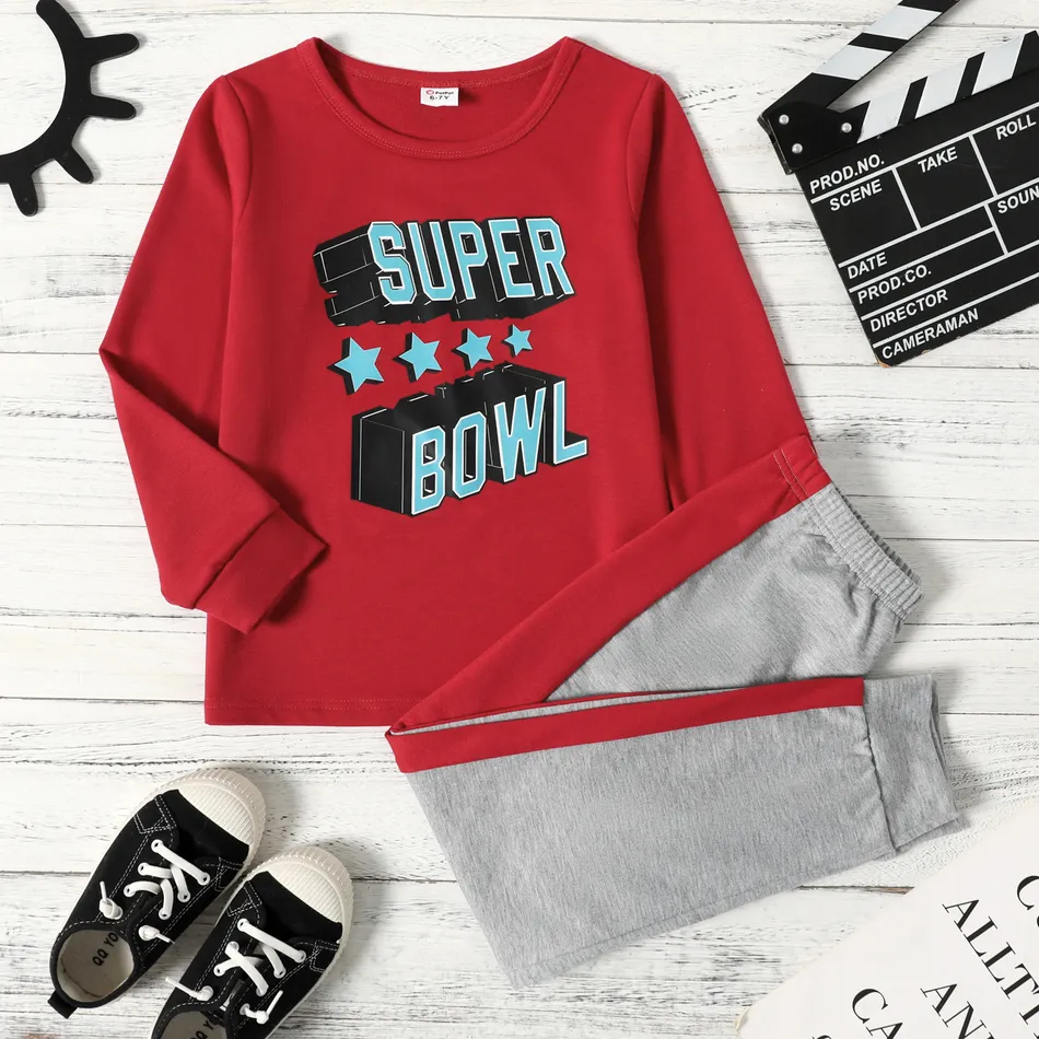 2-piece Kid Boy 3D Letter Stars Print Long-sleeve Top and Colorblock Pants Set Burgundy