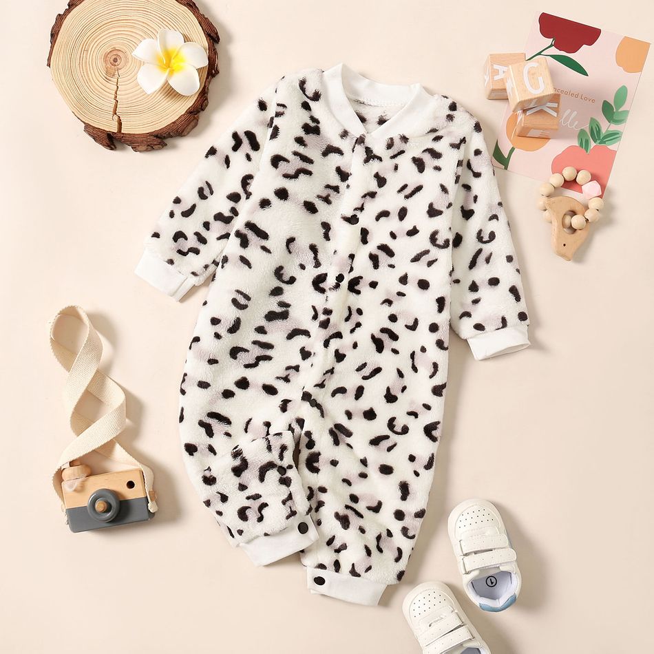 Leopard Print Fluffy Long-sleeve Grey or Coffee Baby Jumpsuit Light Grey big image 1
