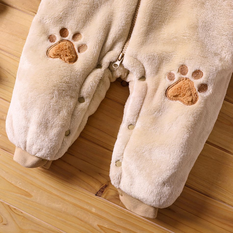 Bear Embroidery Fluffy Hooded 3D Ear Decor Fleece-lining Long-sleeve Pink or Khaki or Blue Baby Padded  Jumpsuit Khaki big image 4