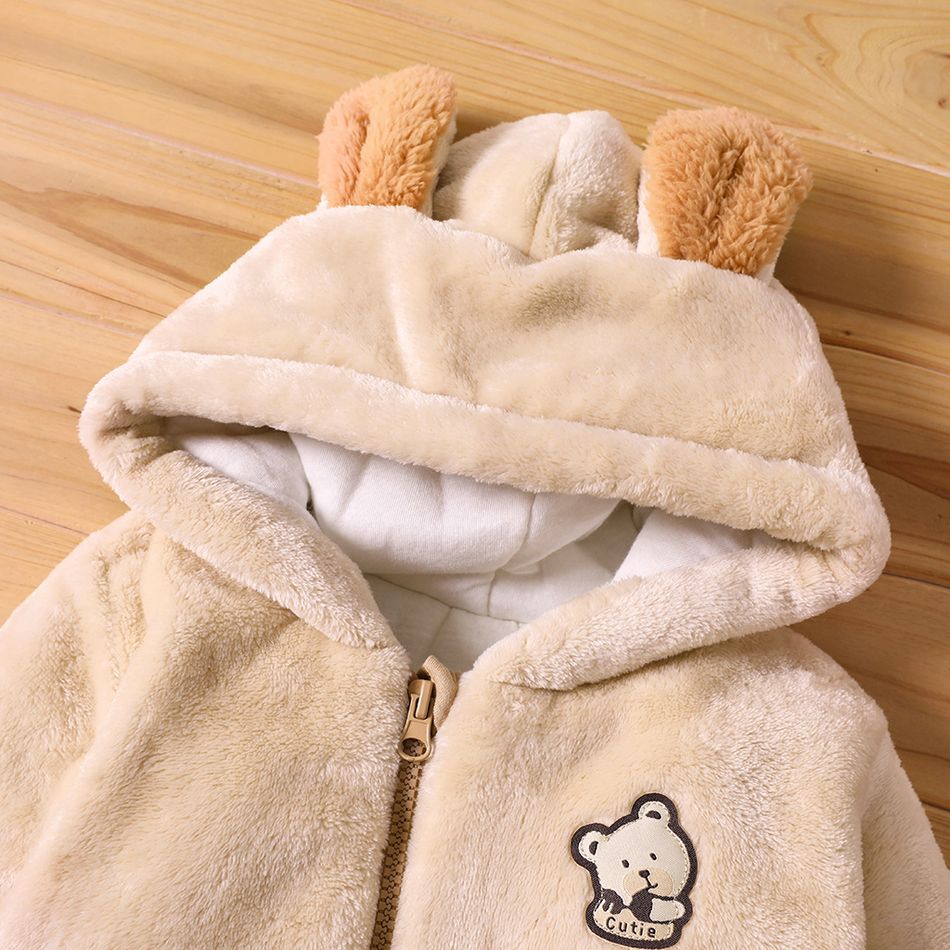Bear Embroidery Fluffy Hooded 3D Ear Decor Fleece-lining Long-sleeve Pink or Khaki or Blue Baby Padded  Jumpsuit Khaki big image 5
