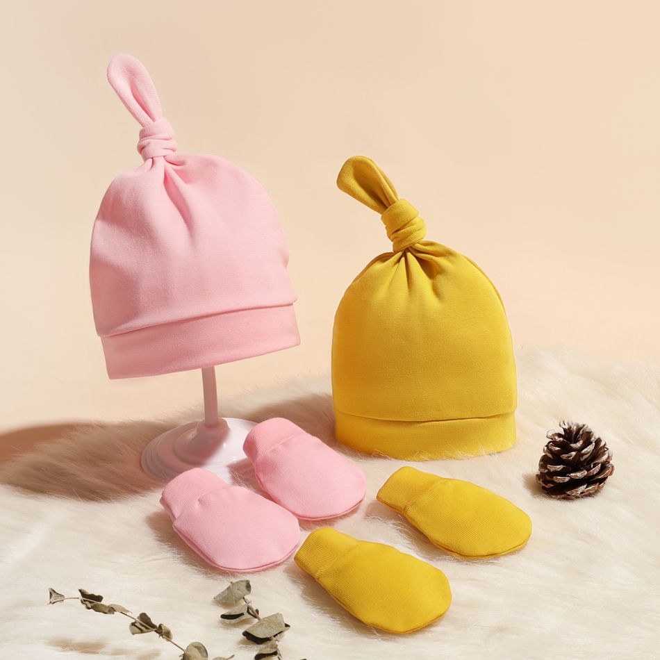 4-pack Baby Top Knot Beanie Hat and Anti-scratch Glove Set Color-A big image 1