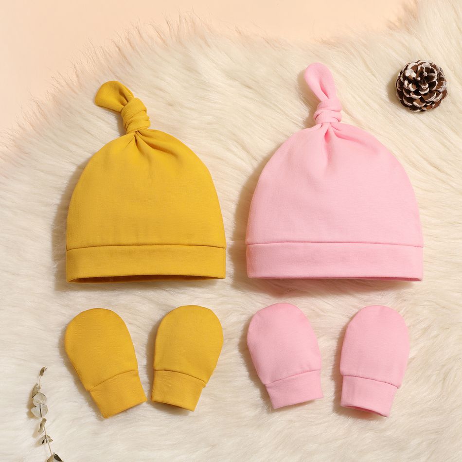 4-pack Baby Top Knot Beanie Hat and Anti-scratch Glove Set Color-A big image 4