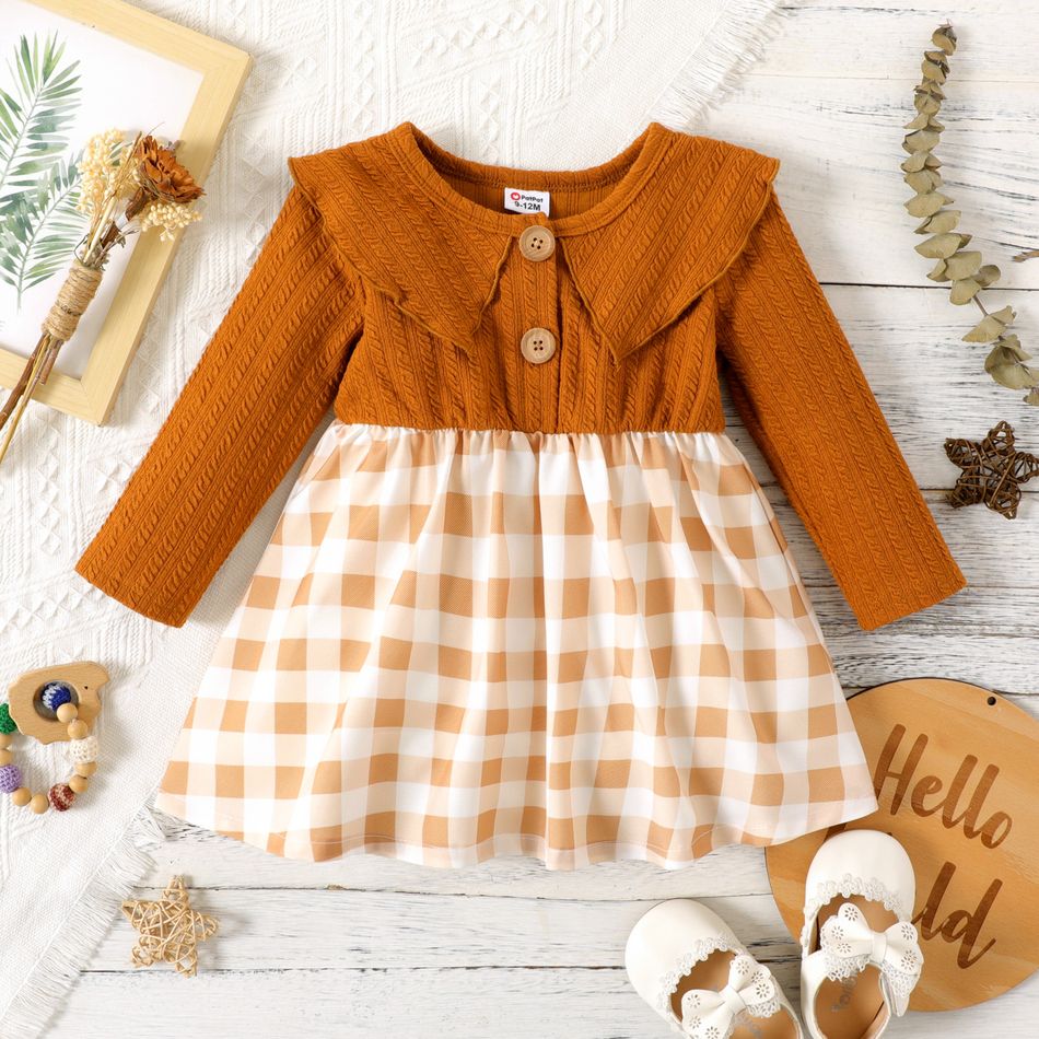 Baby Girl Brown Cape Collar Long-sleeve Splicing Plaid Dress Brown