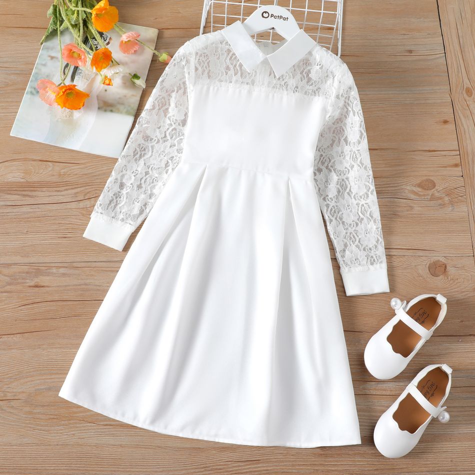 Kid Girl Doll Collar Lace Design Solid Color Long-sleeve Dress White