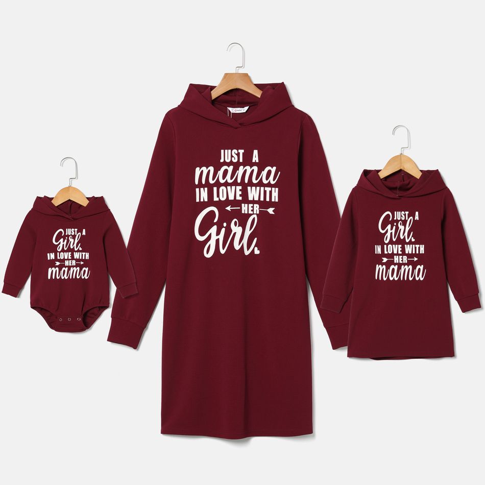 Mother's Day Letter Print Solid Textured Long-sleeve Hoodie Dress for Mom and Me Burgundy