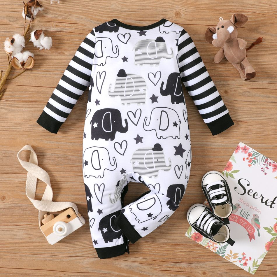 Baby Boy All Over Cartoon Elephant Print Striped Long-sleeve Jumpsuit Color block big image 2