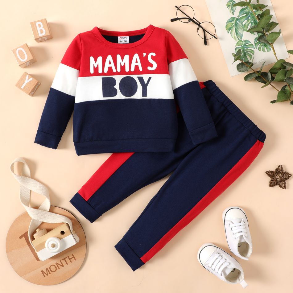 2pcs Baby Boy Letter Print Color Block Long-sleeve Sweatshirt and Sweatpants Set Color block