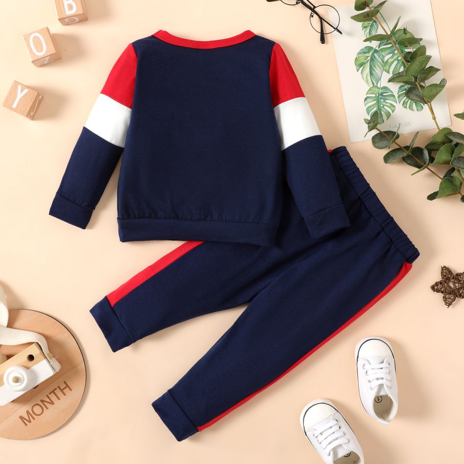 2pcs Baby Boy Letter Print Color Block Long-sleeve Sweatshirt and Sweatpants Set Color block big image 2