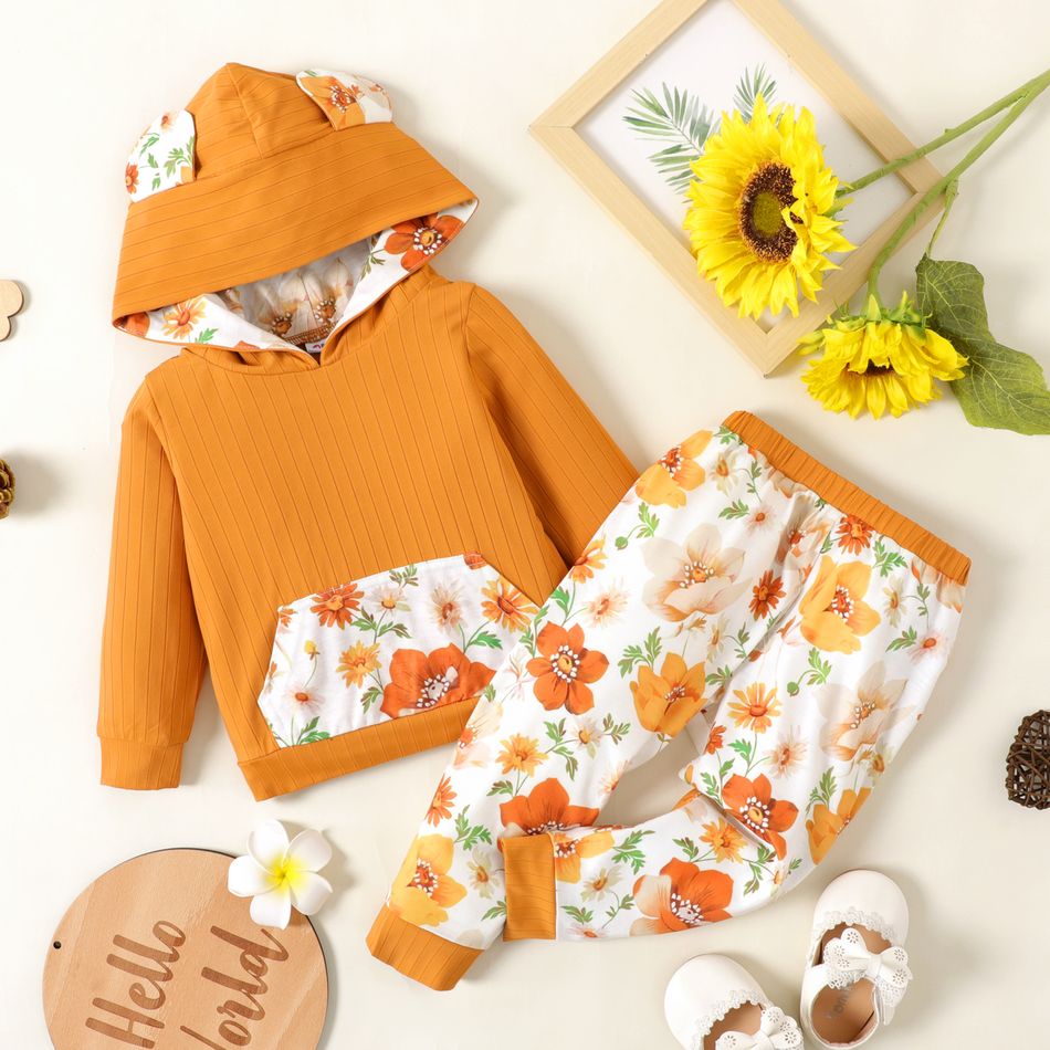 2pcs Baby Girl Floral Print Orange Long-sleeve Hoodie and Trousers Set Color block