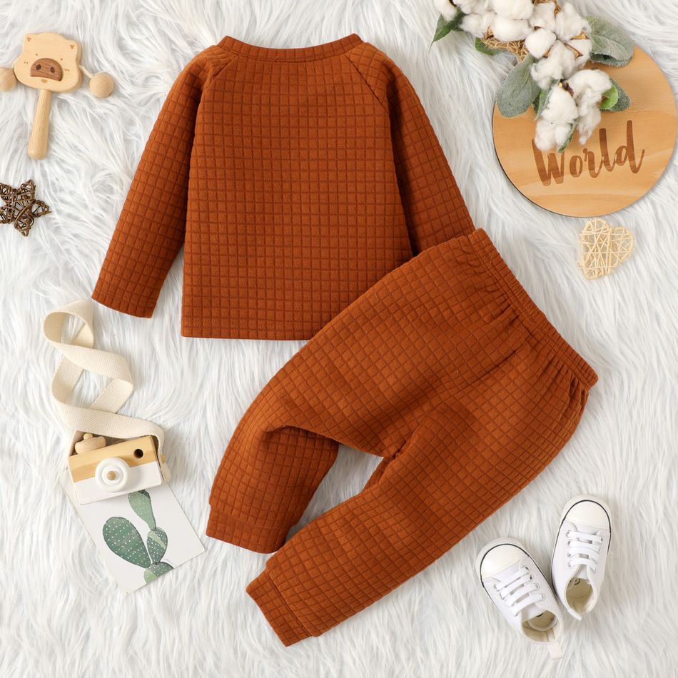 2pcs Baby Boy/Girl Solid Textured Long-sleeve Top and Trousers Set Brown big image 5