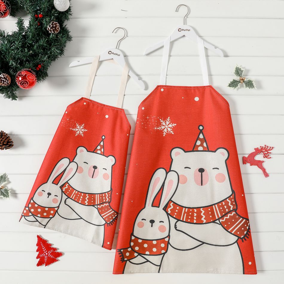 Christmas Rabbit and Bear Print Red Apron for Mom and Me Red