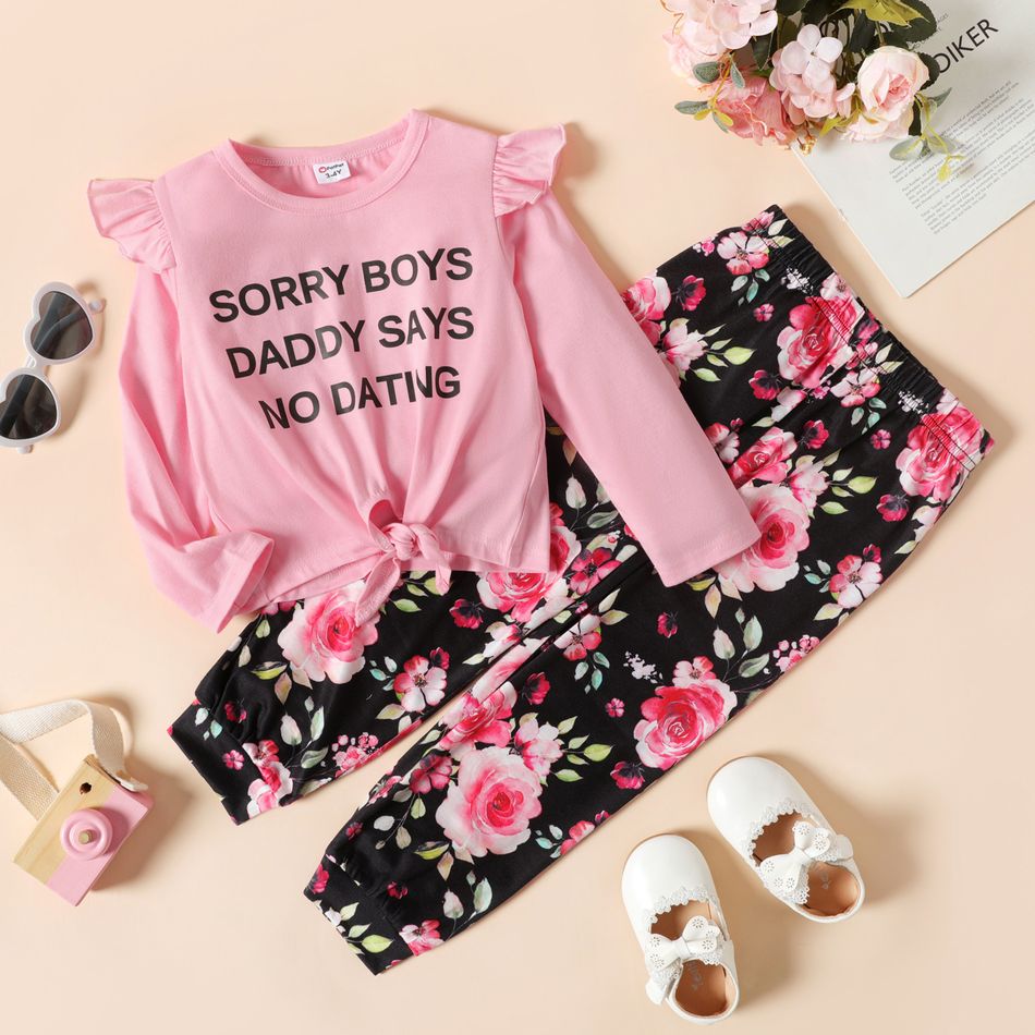 2-piece Toddler Girl Letter Print Ruffled Tie Knot Long-sleeve Top and Floral Print Pants Set Pink