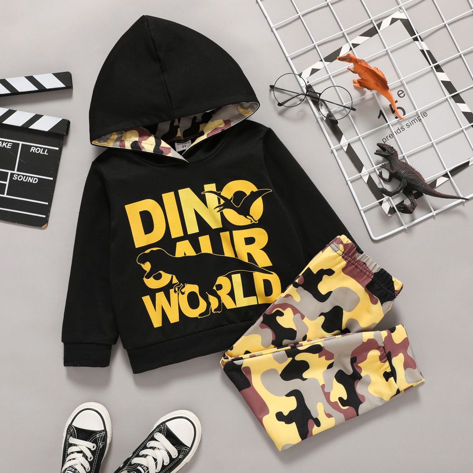 2-piece Toddler Boy Letter Dinosaur Print Black Hoodie Sweatshirt and Camouflage Print Pants Set Black