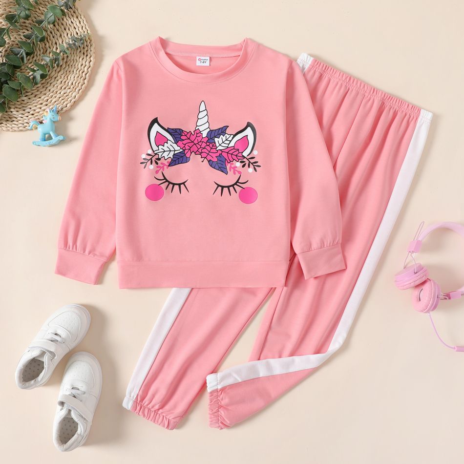 2-piece Kid Girl Unicorn Print Sweatshirt and Colorblock Pants Set Dark Pink