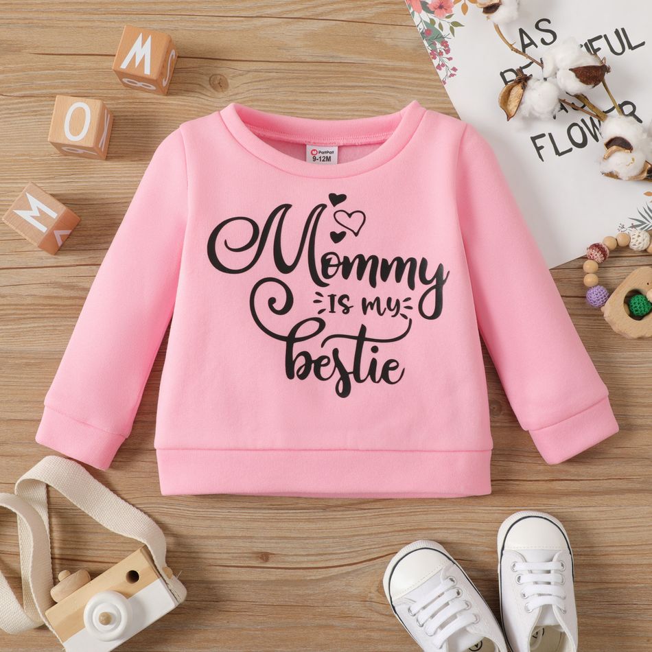 Baby Girl Letter Print Solid Round Neck Long-sleeve Sweatshirt Pink